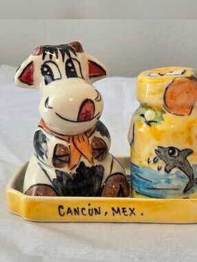 Hand-Painted Cancun Souvineer  Ceramic Cow & Shark Salt & Pepper Set - Yellow